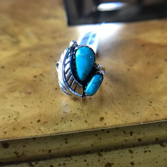 Kingman Turquoise Sterling Silver Feather Ring Size 6 - Picture 1 of 9